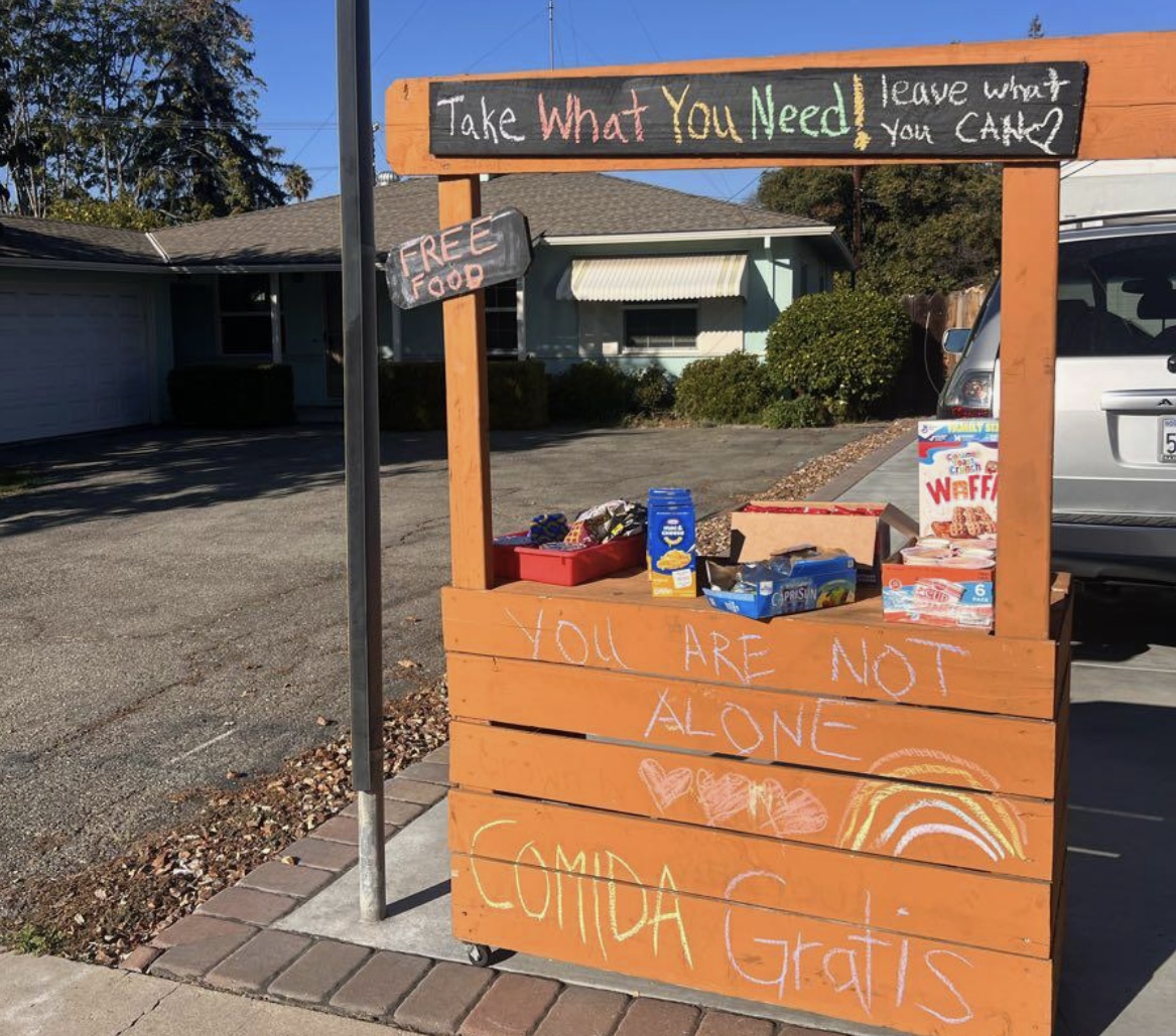 Instead of selling lemonade, Alley Torres turns the stand into a make-shift food pantry. Photo by Alley Torres, used with permission.